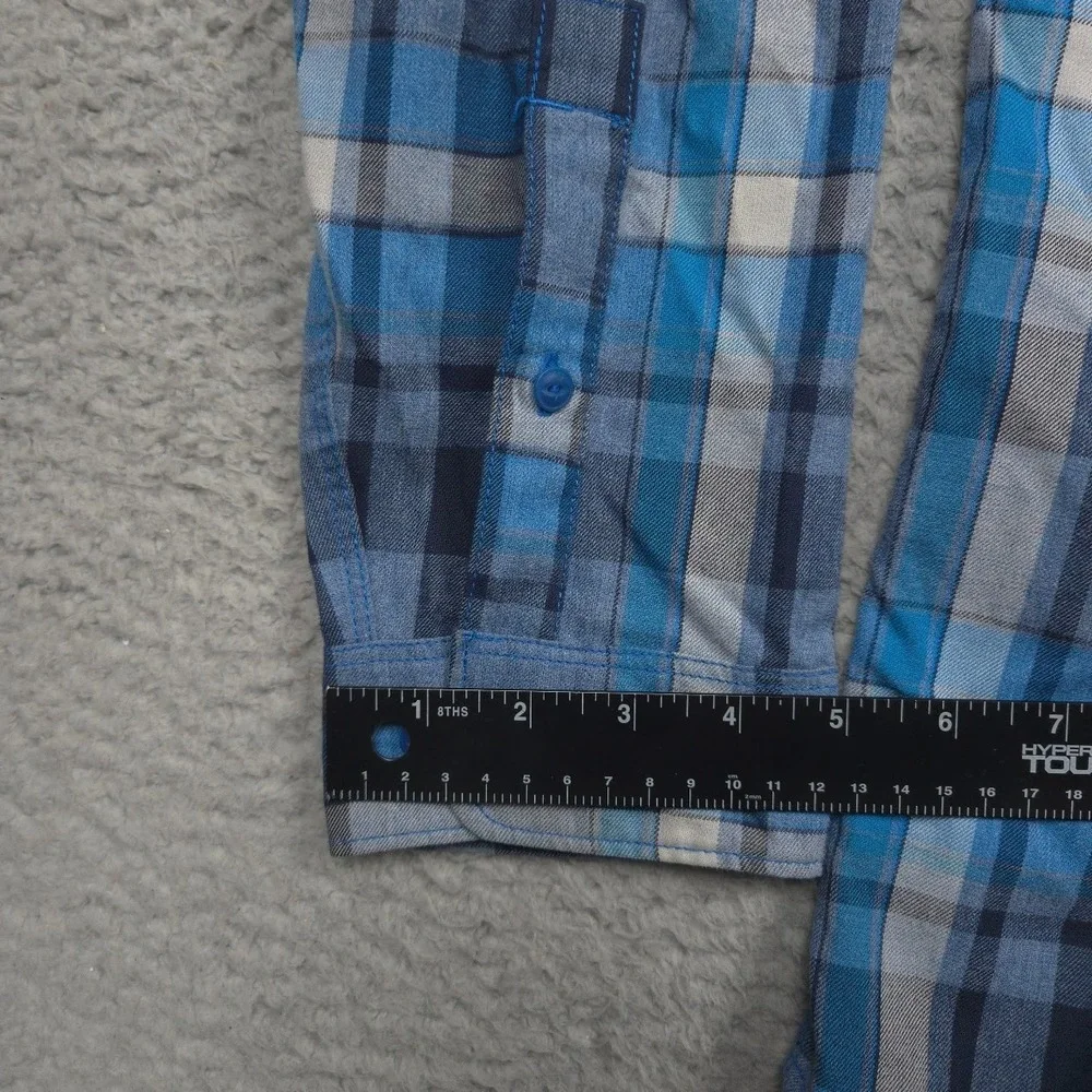 The North Face Plaid Button Up Shirt Mens L Blue Outdoor Hiking Polyester